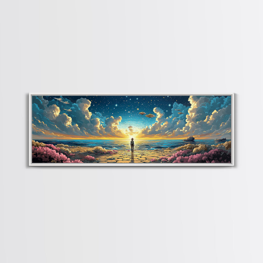 Ufo Seaside Sunrise Cowboy Wall Art, Coastal Sci Fi Canvas Print, Starry Ocean Decor, Panoramic Fantasy Living Room Art, Home Decor