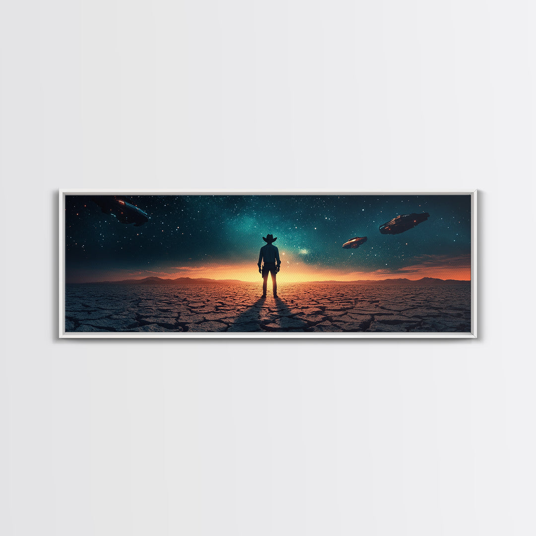 Ufo Desert Wanderer Cowboy Wall Art, Sci Fi Western Canvas Print, Alien Landscape Decor, Panoramic Man Cave Office Art, Home Decor