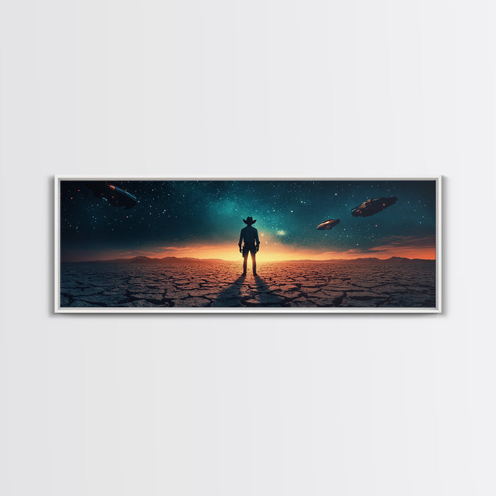 Ufo Desert Wanderer Cowboy Wall Art, Sci Fi Western Canvas Print, Alien Landscape Decor, Panoramic Man Cave Office Art, Home Decor