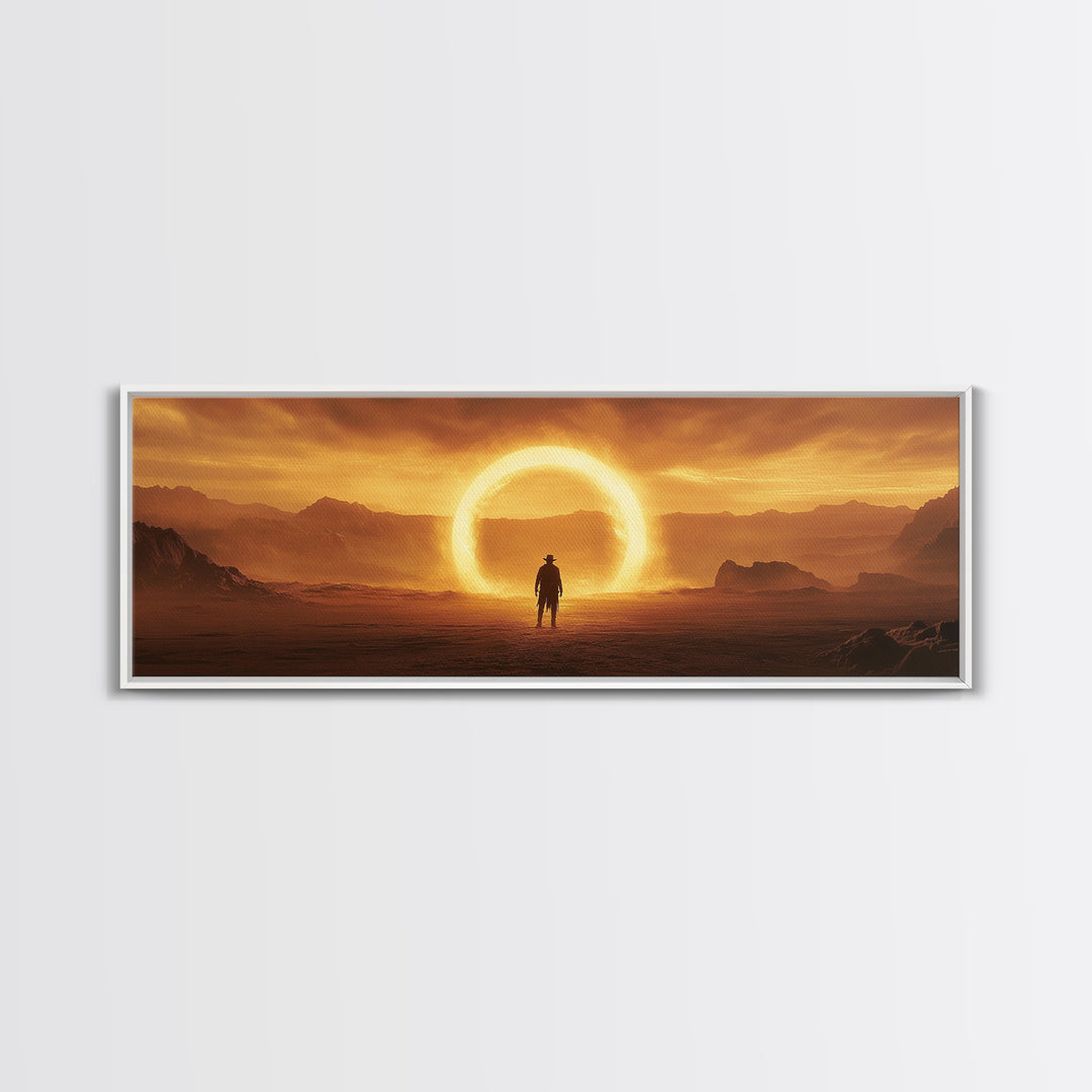 Golden Eclipse Cowboy Desert Wall Art, Western Sci Fi Canvas Print, Surreal Landscape Decor, Panoramic Living Room Art, Home Decor