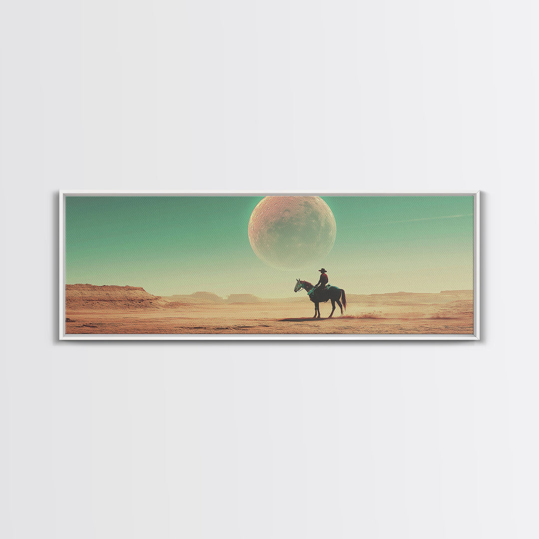 Lone Cowboy Under Giant Moon Wall Art, Western Desert Landscape Canvas, Panoramic Southwestern Decor, Living Room Decor, Gift For Him