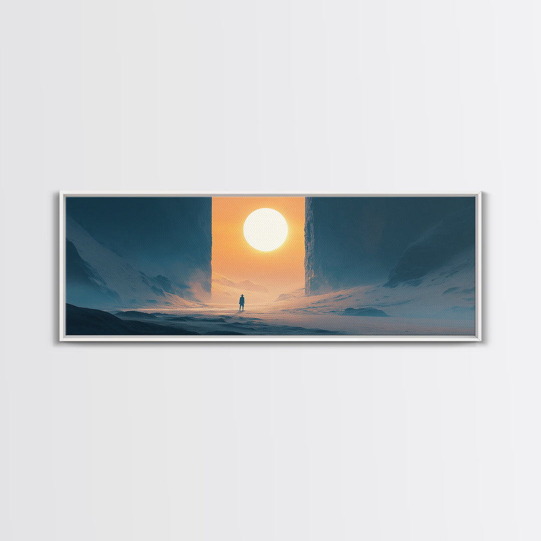 Solitary Figure Before Giant Sun Canvas Print, Futuristic Icy Landscape Wall Decor, Sci Fi Minimalist Art, Modern Office Decor