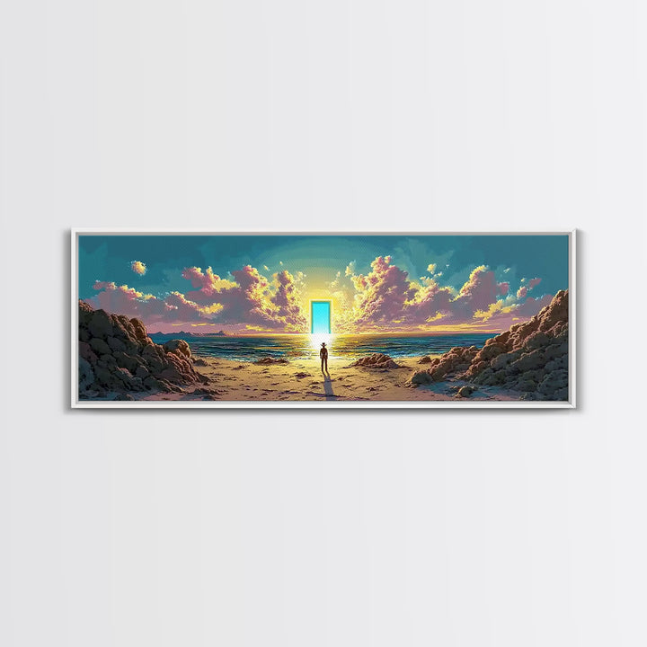 Glowing Doorway On Rocky Beach Wall Art, Surreal Ocean Sunset Canvas, Coastal Fantasy Decor, Mystical Living Room Art Print