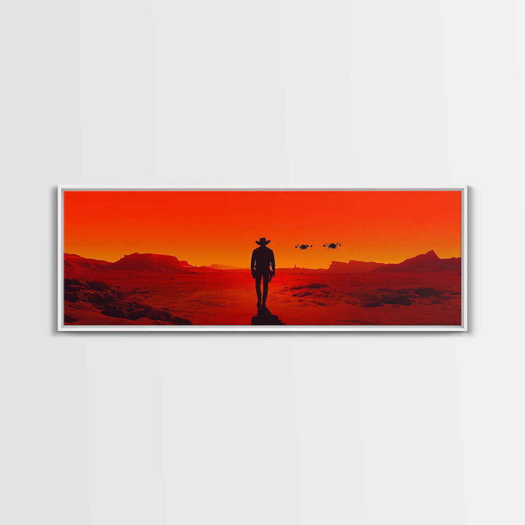Cowboy Silhouette In Red Desert Sunset Wall Art, Western Sci Fi Landscape Canvas, Bold Southwestern Decor For Man Cave Wall Decor