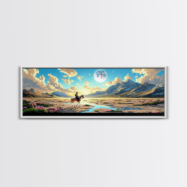 Lone Horse Rider Under Moon Canvas Print, Mountain Landscape Art, Western Wall Decor, Large Living Room Home Decor Gift Print