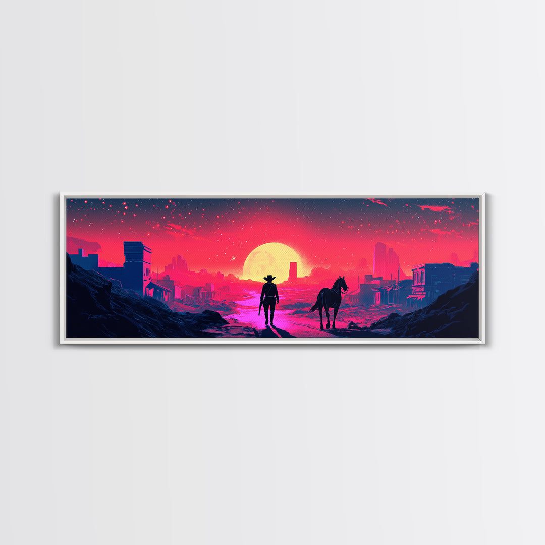 Neon Cowboy And Horse Dystopian City Wall Art, Cyberpunk Sunset Landscape, Sci Fi Poster, Large Gaming Room Decor Gift Print