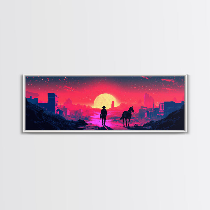 Neon Cowboy And Horse Dystopian City Wall Art, Cyberpunk Sunset Landscape, Sci Fi Poster, Large Gaming Room Decor Gift Print