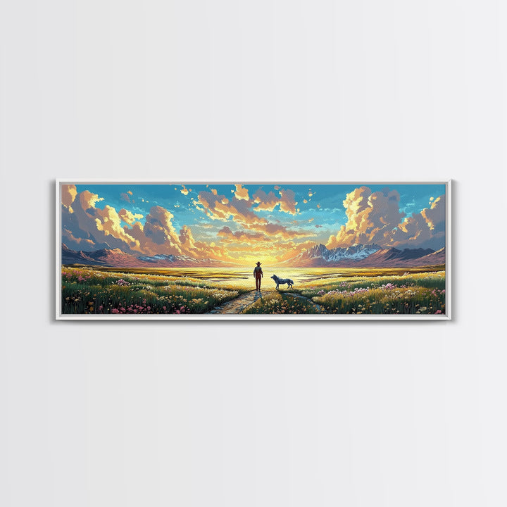 Lone Cowboy And Dog Wildflower Prairie Canvas Print, Mountain Landscape Wall Art, Western Home Decor, Housewarming Gift Print