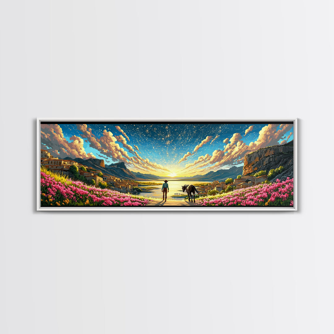 Starry Coastal Valley Rider Wall Art, Horse And Wildflower Landscape, Mediterranean Travel Poster, Large Living Room Decor