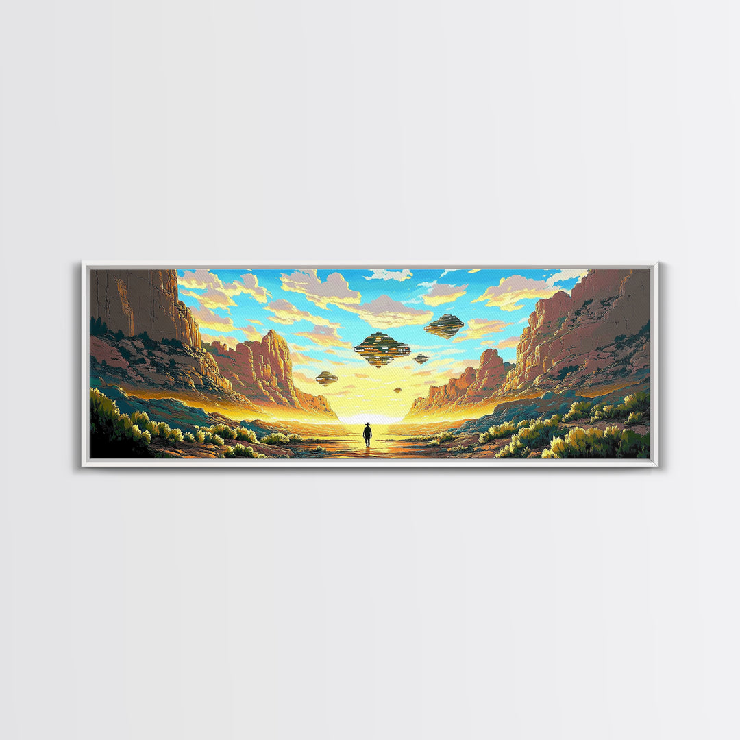 Alien Canyon Explorer With UFOs Canvas Print, Panoramic Sci Fi Desert Landscape Wall Art For Gaming Room Decor And Office Decor