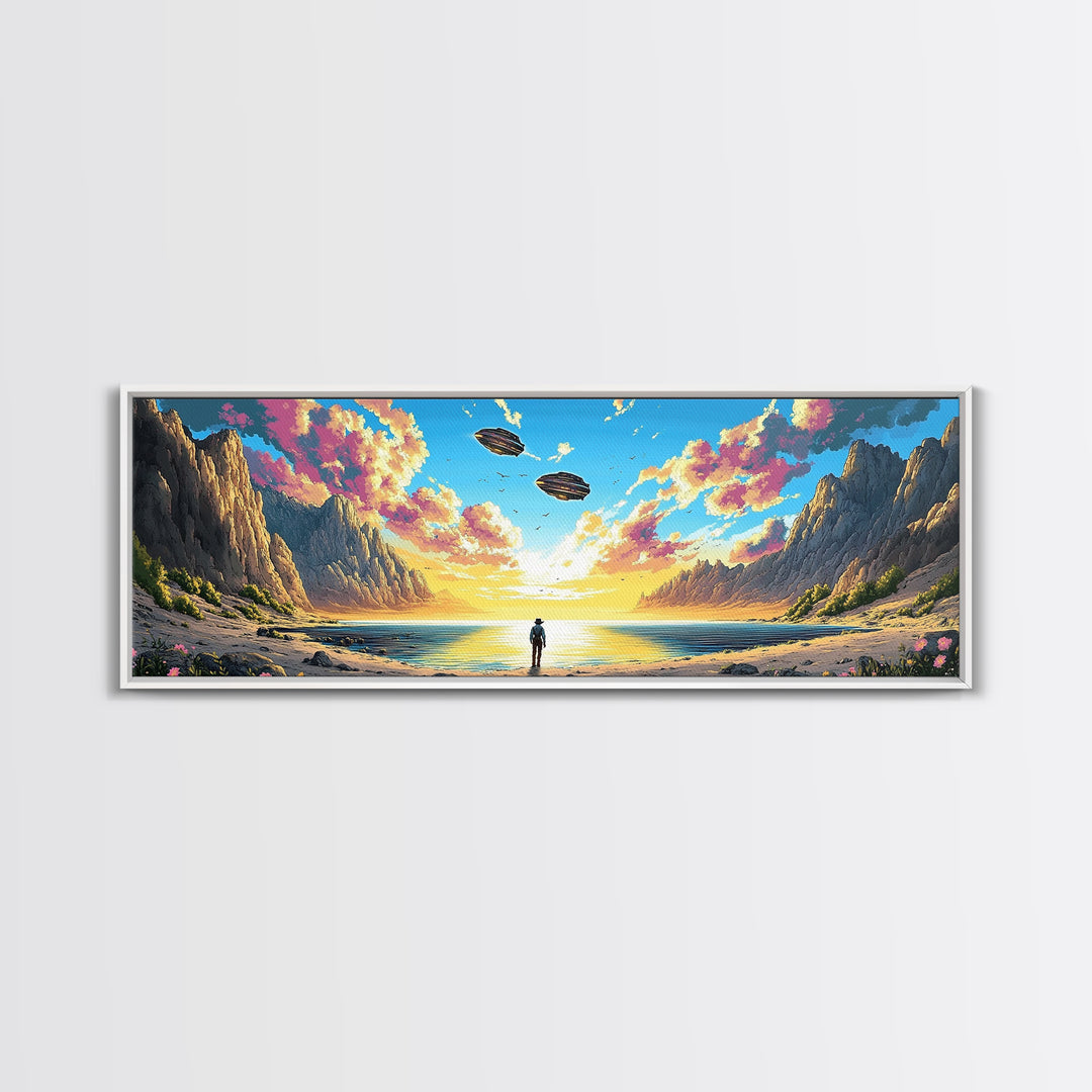 Pastel Alien Coast With UFOs Framed Canvas Print, Panoramic Sci Fi Ocean Landscape Wall Art For Beach House Decor And Living Room Decor