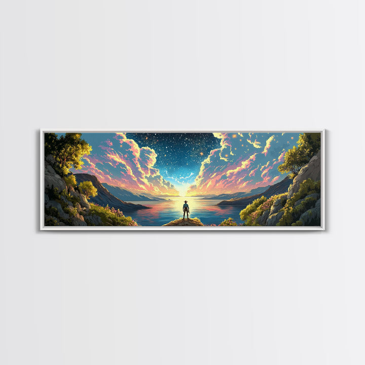Starlit Lake Explorer Under Pink Clouds Canvas Print, Panoramic Celestial Landscape Wall Art For Dreamy Bedroom Decor And Office Decor