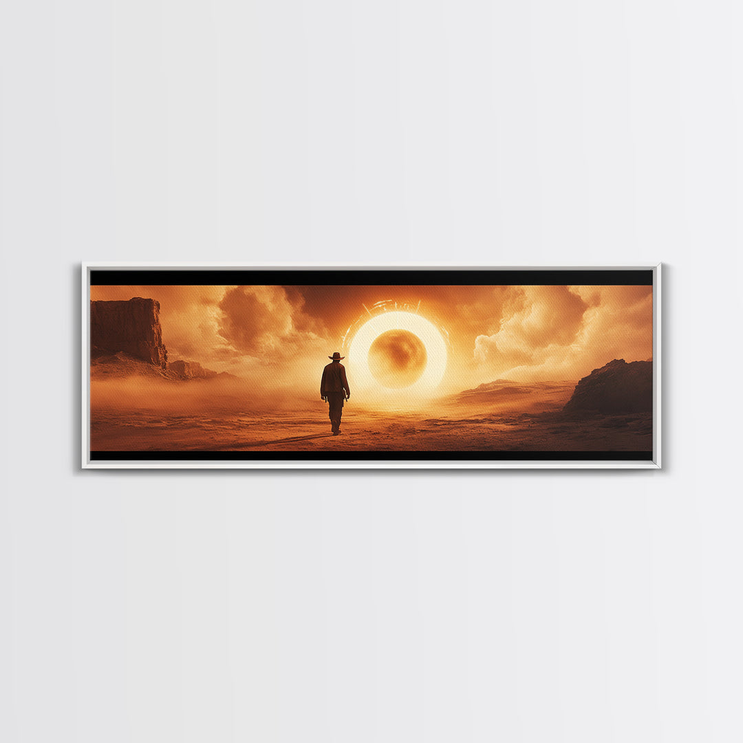 Surreal Desert Eclipse Cowboy Framed Canvas Print, Cinematic Western Landscape Wall Art For Man Cave Decor And Office Decor