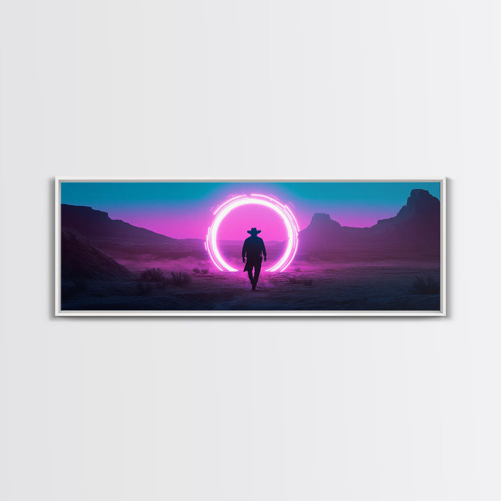 Neon Portal Cowboy In Purple Desert Framed Canvas Print, Synthwave Western Wall Art For Gaming Room Decor And Man Cave Decor
