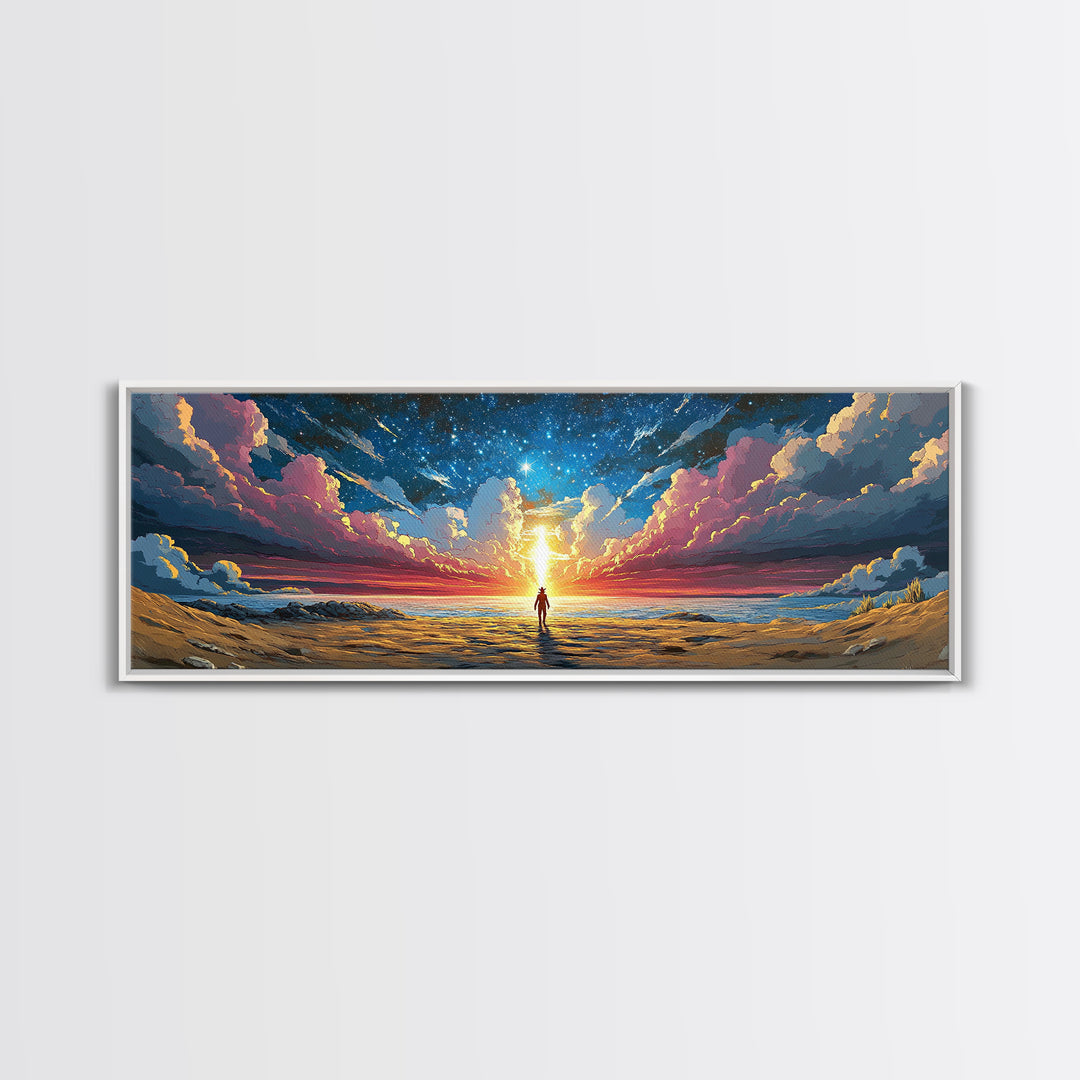 Cosmic Beach Explorer Beneath Starry Sky Canvas Print, Panoramic Sci Fi Seascape Wall Art For Space Lover Decor And Bedroom Decor