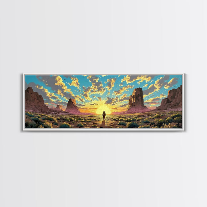 Monument Valley Cowboy At Sunrise Canvas Print, Panoramic Southwestern Desert Landscape Wall Art For Rustic Home Decor And Office Decor