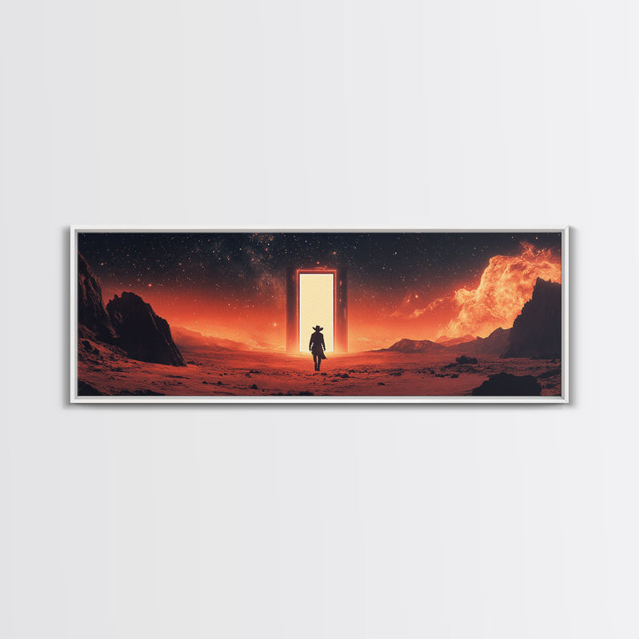 Glowing Portal In Red Desert, Lone Traveler Under Starry Sky, Sci Fi Western Canvas Print, Space Wall Art, Futuristic Decor