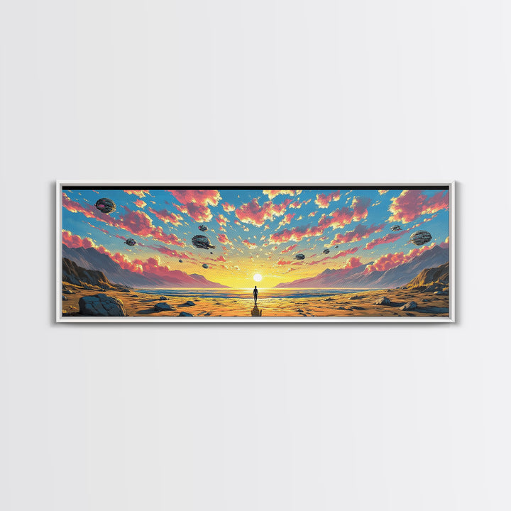 Pastel Alien Ships Over Sunset Shore, Lone Figure At Ocean Horizon, Sci Fi Wall Art, Coastal Canvas Print, Futuristic Decor