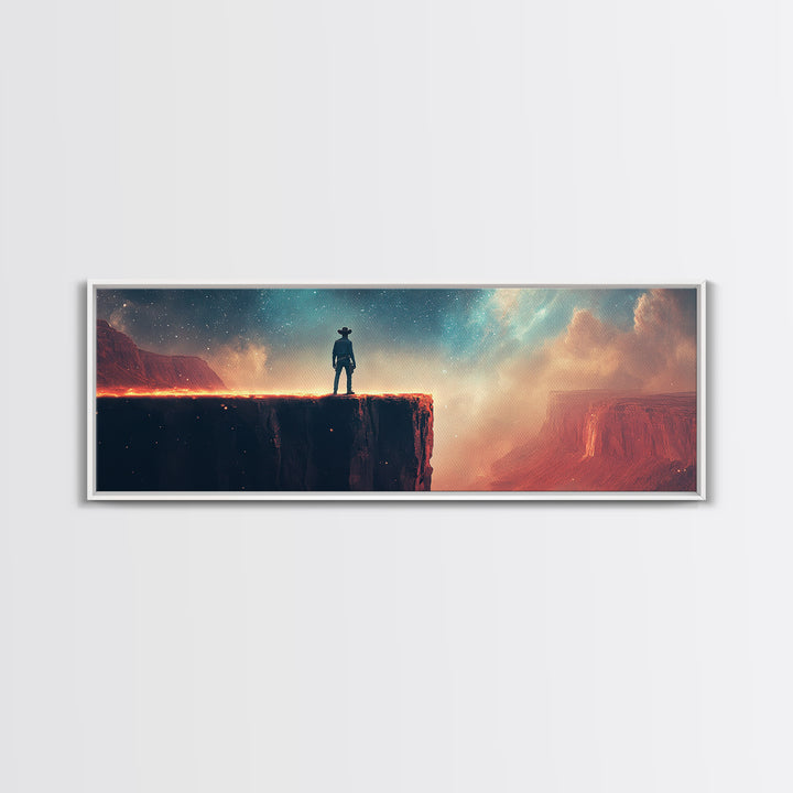 Cowboy On Glowing Canyon Cliff, Starry Teal Sky And Red Desert, Western Wall Art, Panoramic Canvas Print, Man Cave Decor