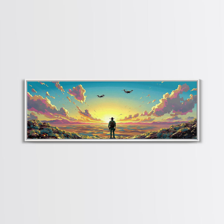 Cowboy Facing Drone Ships At Golden Sunrise, Pink Cloud Meadow Landscape Wall Art, Western Canvas Print, Futuristic Decor
