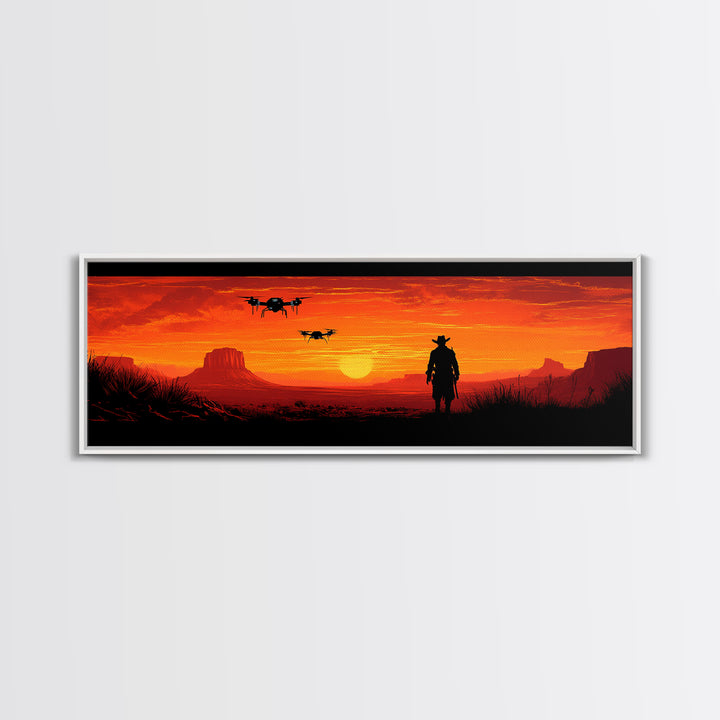 Silhouetted Cowboy With Drones At Orange Desert Sunset, Western Wall Art, Sci Fi Canvas Print, Man Cave Decor, Southwest Art