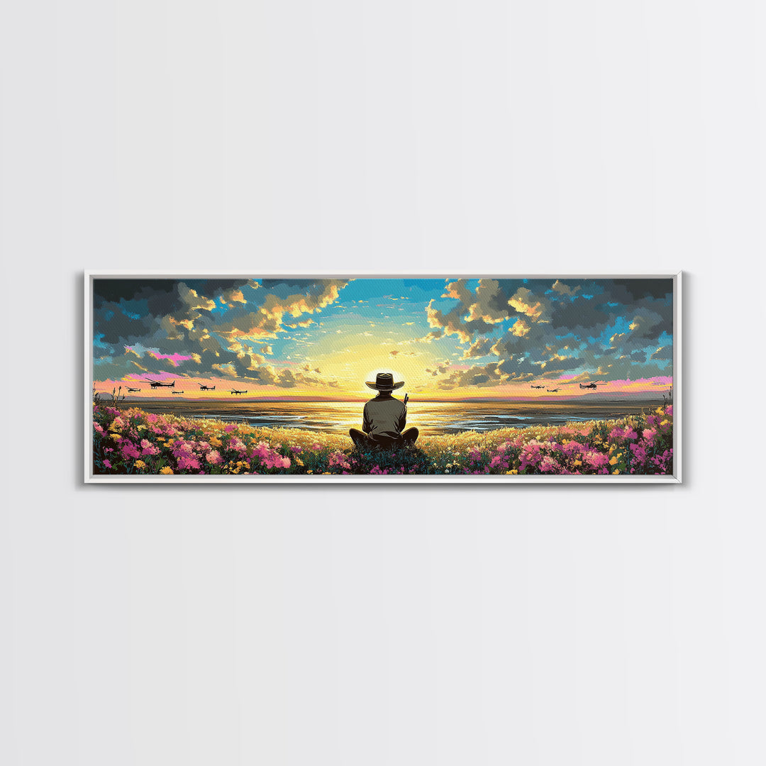 Seated Traveler In Flowered Meadow, Golden Sky Over Wide Valley, Peaceful Wall Art, Landscape Canvas Print, Cozy Home Decor