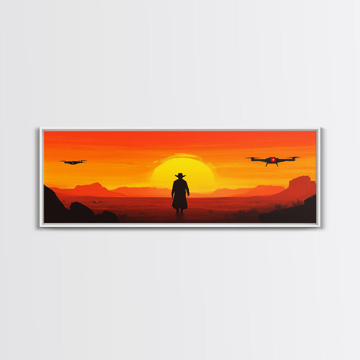 Lone Cowboy And Hovering Drones At Blazing Sun, Red Desert Western Wall Art, Sci Fi Canvas Print, Futuristic Home Decor, Desert Art