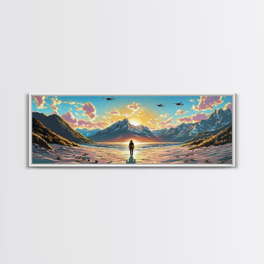 Snowy Alpine Sunset Explorer Wall Art, Panoramic Canvas Print, Mountain Landscape, Sci Fi Decor, Large Living Room Decor