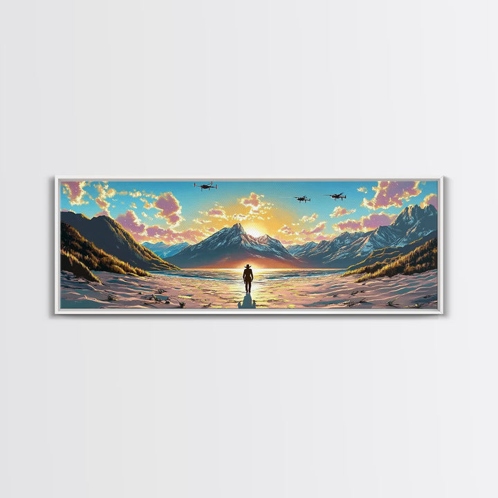 Snowy Alpine Sunset Explorer Wall Art, Panoramic Canvas Print, Mountain Landscape, Sci Fi Decor, Large Living Room Decor