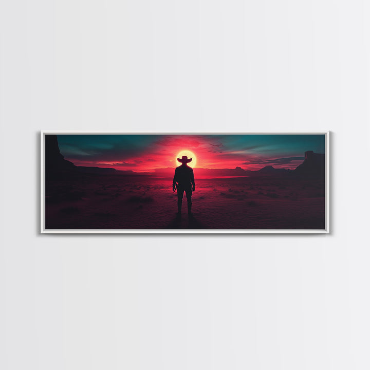 Crimson Desert Cowboy Silhouette Wall Art, Framed Canvas Print, Western Decor, Moody Landscape, Large Man Cave Wall Decor