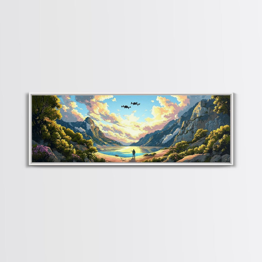 Verdant Mountain Lake Explorer Wall Art, Panoramic Canvas Print, Nature Landscape Art, Japandi Decor, Large Home Wall Decor