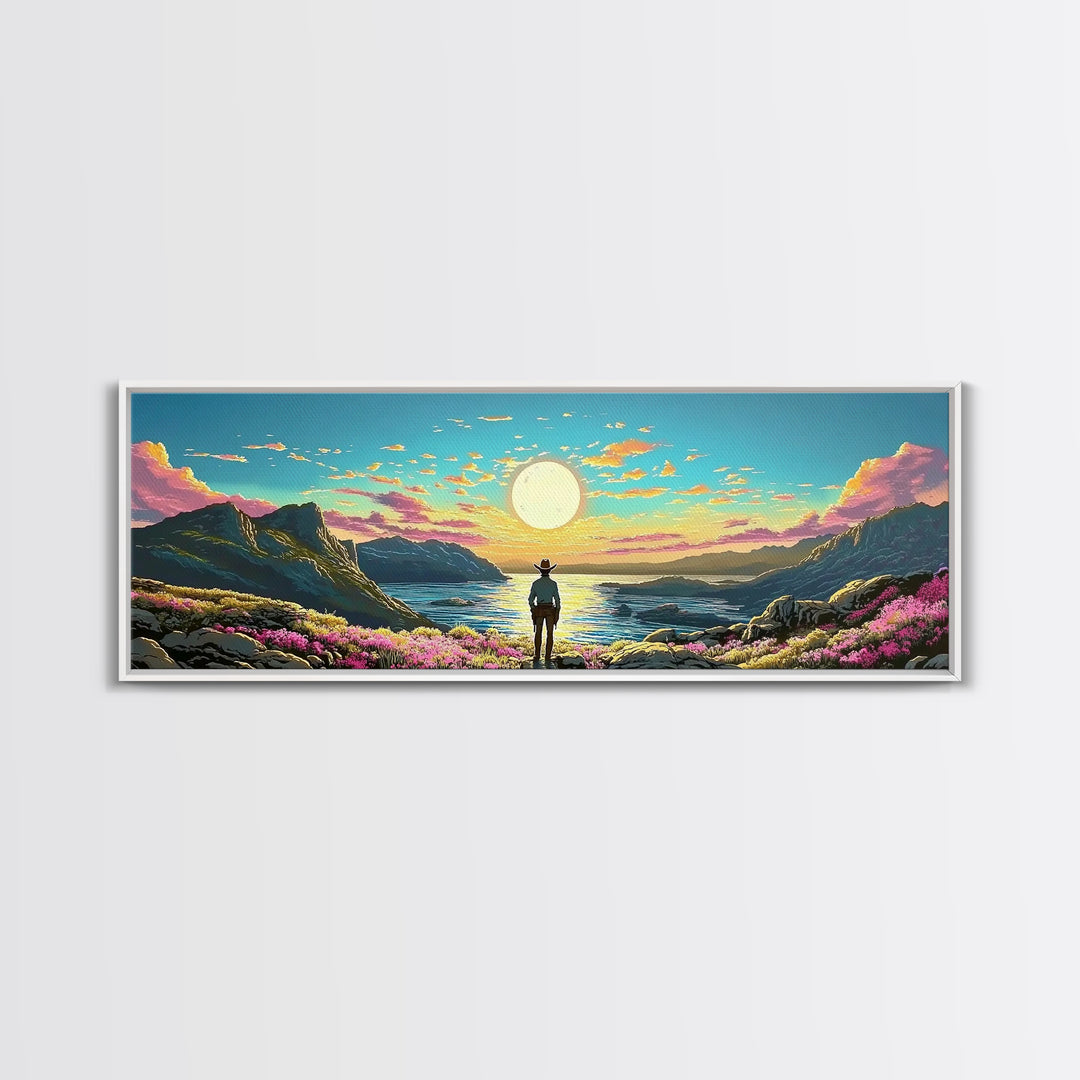 Full Moon Coastal Cowboy Wall Art, Panoramic Canvas Print, Ocean Landscape Art, Western Decor, Large Bedroom Wall Decor