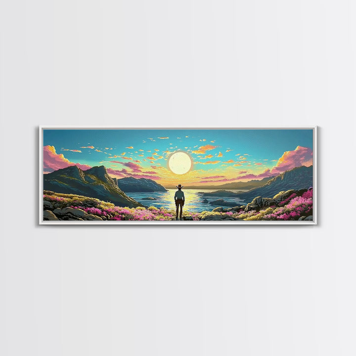 Full Moon Coastal Cowboy Wall Art, Panoramic Canvas Print, Ocean Landscape Art, Western Decor, Large Bedroom Wall Decor