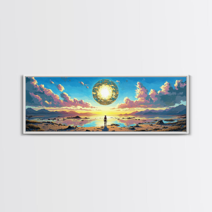 Golden Celestial Orb Wall Art, Panoramic Canvas Print, Modern Sci Fi Landscape, Surreal Art, Large Living Room Wall Decor