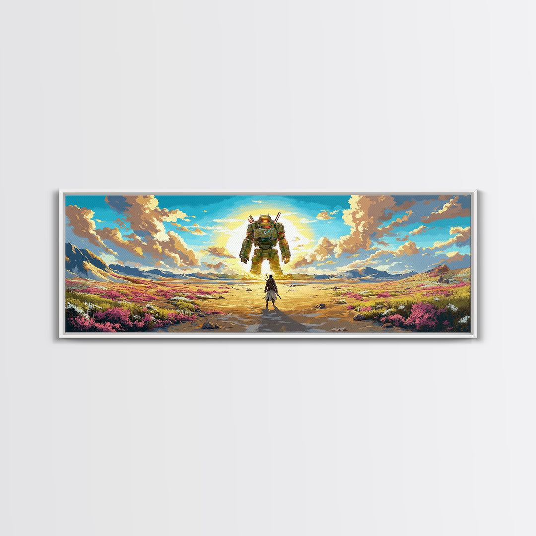Colossal Mech And Wanderer Wall Art, Panoramic Canvas Print, Futuristic Landscape, Sci Fi Decor, Large Gaming Room Decor