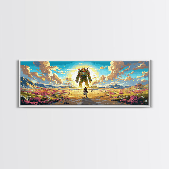 Colossal Mech And Wanderer Wall Art, Panoramic Canvas Print, Futuristic Landscape, Sci Fi Decor, Large Gaming Room Decor