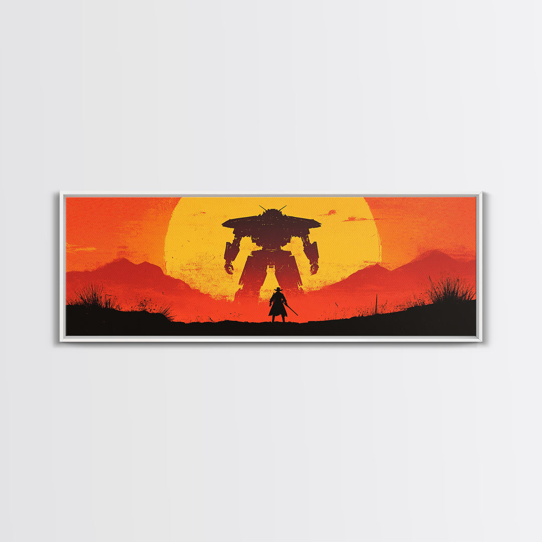 Samurai Facing Giant Mech At Orange Sunset Wall Art, Retro Sci Fi Fantasy Poster, Gaming Room Decor, Futuristic Canvas Print