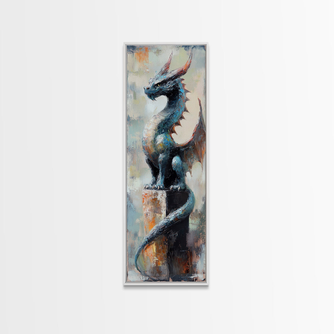 Blue Dragon Statue Canvas Print, Fantasy Wall Art, Gothic Fairy Tale Decor, Mythical Creature Art, Unique Gift For Gamer