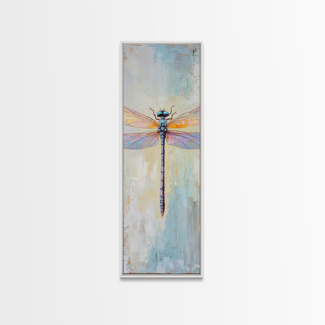 Iridescent Dragonfly Framed Canvas Print, Nature Wall Art, Insect Illustration, Coastal Blue Decor, Gift For Nature Lover