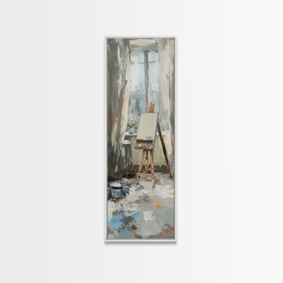Sunlit Artist Studio Easel Wall Art, Impressionist Oil Painting, Creative Office Decor, Neutral Home Decor, Gift For Artist