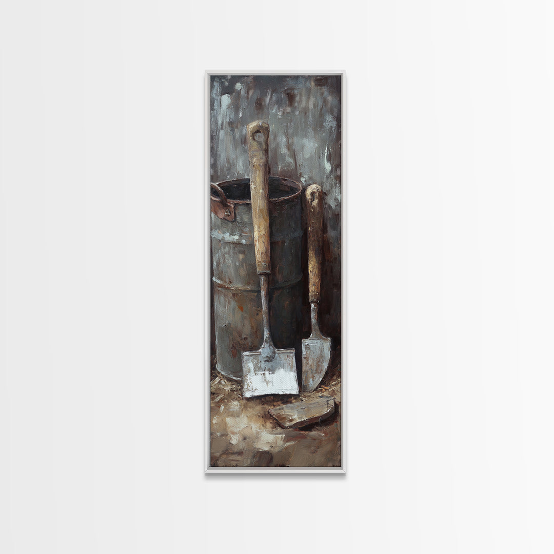 Rustic Shovels In Metal Bucket Canvas Print, Farmhouse Wall Decor, Garden Tool Still Life, Industrial Office Decor Gift For Him