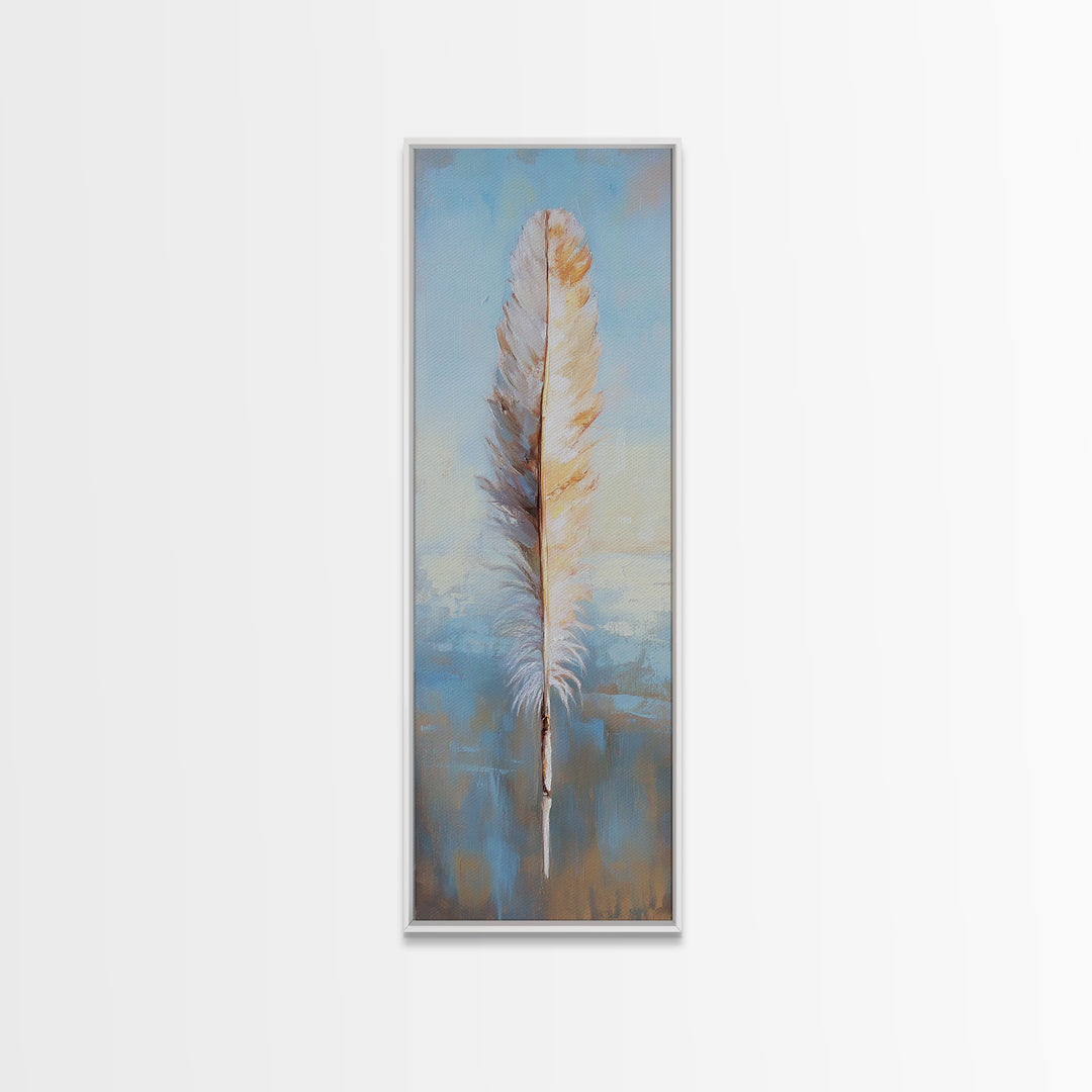 Single White Feather On Blue Horizon Wall Art, Minimalist Coastal Decor, Boho Nature Art Print, Calming Bedroom Decor Gift