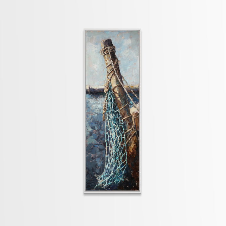 Weathered Dock Piling And Fishing Net Wall Art, Nautical Coastal Decor, Ocean Painting, Beach House Decor, Gift For Him, Lake House Art