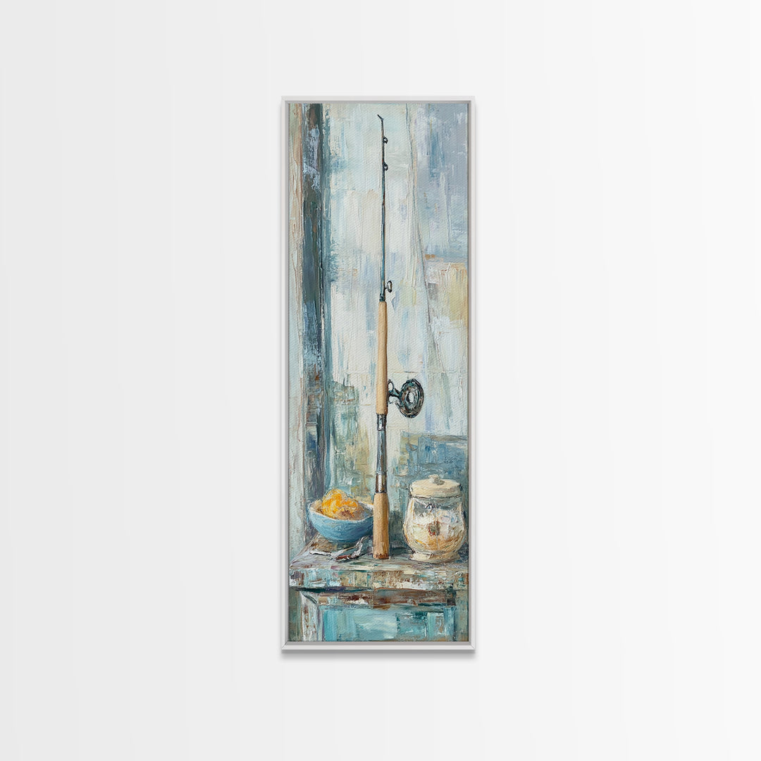 Fishing Rod Still Life Canvas Print, Rustic Lake House Wall Art, Cabin Decor, Angler Gift, Coastal Fishing Poster For Him