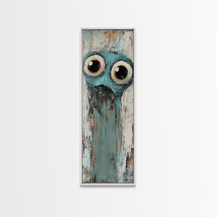 Wide Eyed Blue Owl Portrait Canvas Print, Whimsical Animal Wall Art, Quirky Nursery Decor, Funny Bird Gift For Kids Room Decor