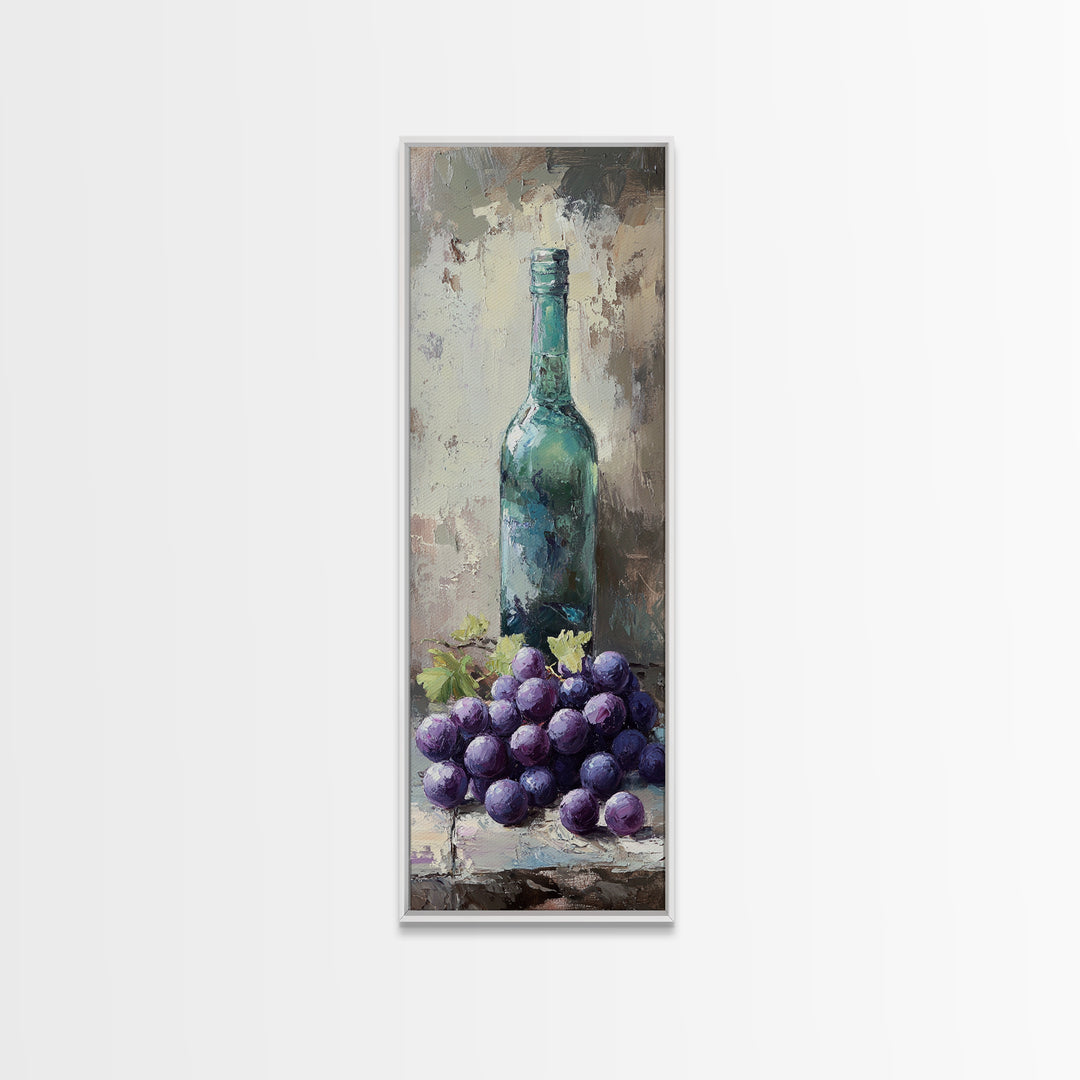 Teal Wine Bottle With Purple Grapes Canvas Print, Winery Wall Art, Rustic Kitchen Decor, Still Life Art For Dining Room Decor