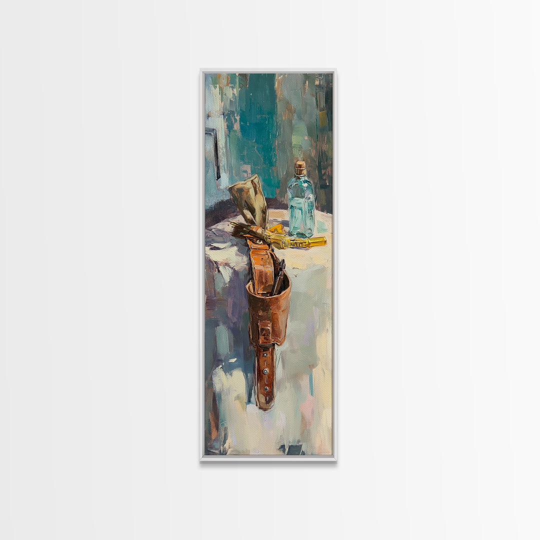 Leather Satchel And Blue Bottle Studio Still Life Framed Canvas Print, Rustic Wall Art, Office Decor, Gift For Him, Man Cave Decor