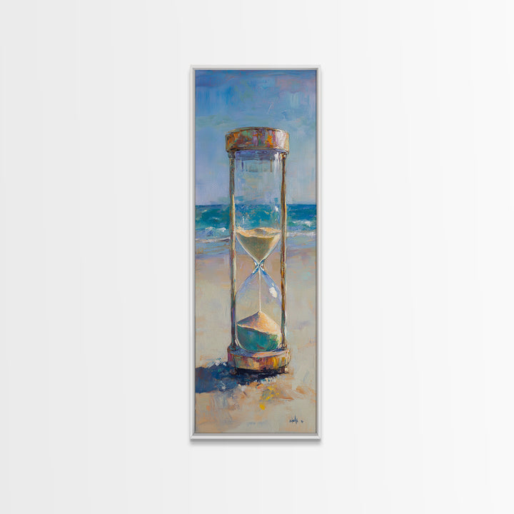 Beach Hourglass On Sandy Shore Canvas Print, Coastal Oil Painting, Nautical Ocean Wall Decor For Beach House Living Room