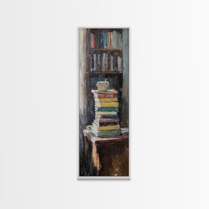 Stack Of Books And Coffee Mug Wall Art, Cozy Library Oil Painting Print, Book Lover Reading Nook Home Office Decor Gift For Readers