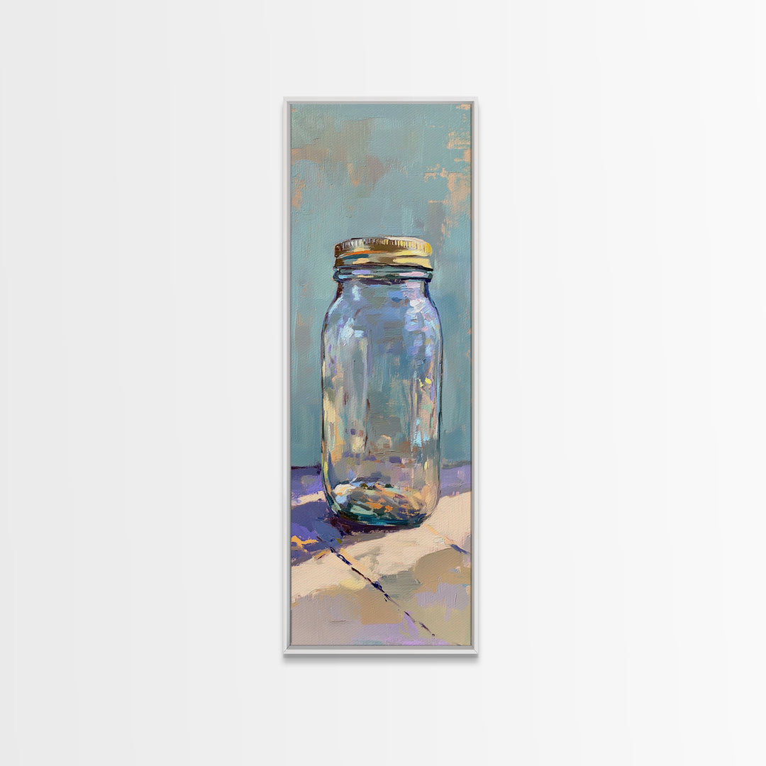 Clear Mason Jar On Blue Table Wall Art, Modern Rustic Still Life Oil Painting Print, Minimal Farmhouse Kitchen Home Decor Gift